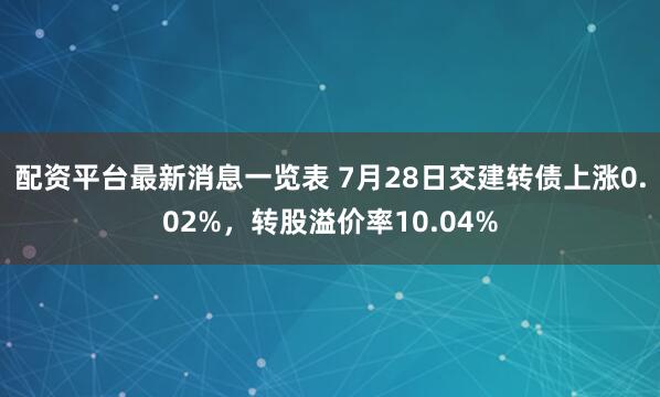 配资平台最新消息一览表 7月28日交建转债上涨0.02%,转股溢价率10.04%